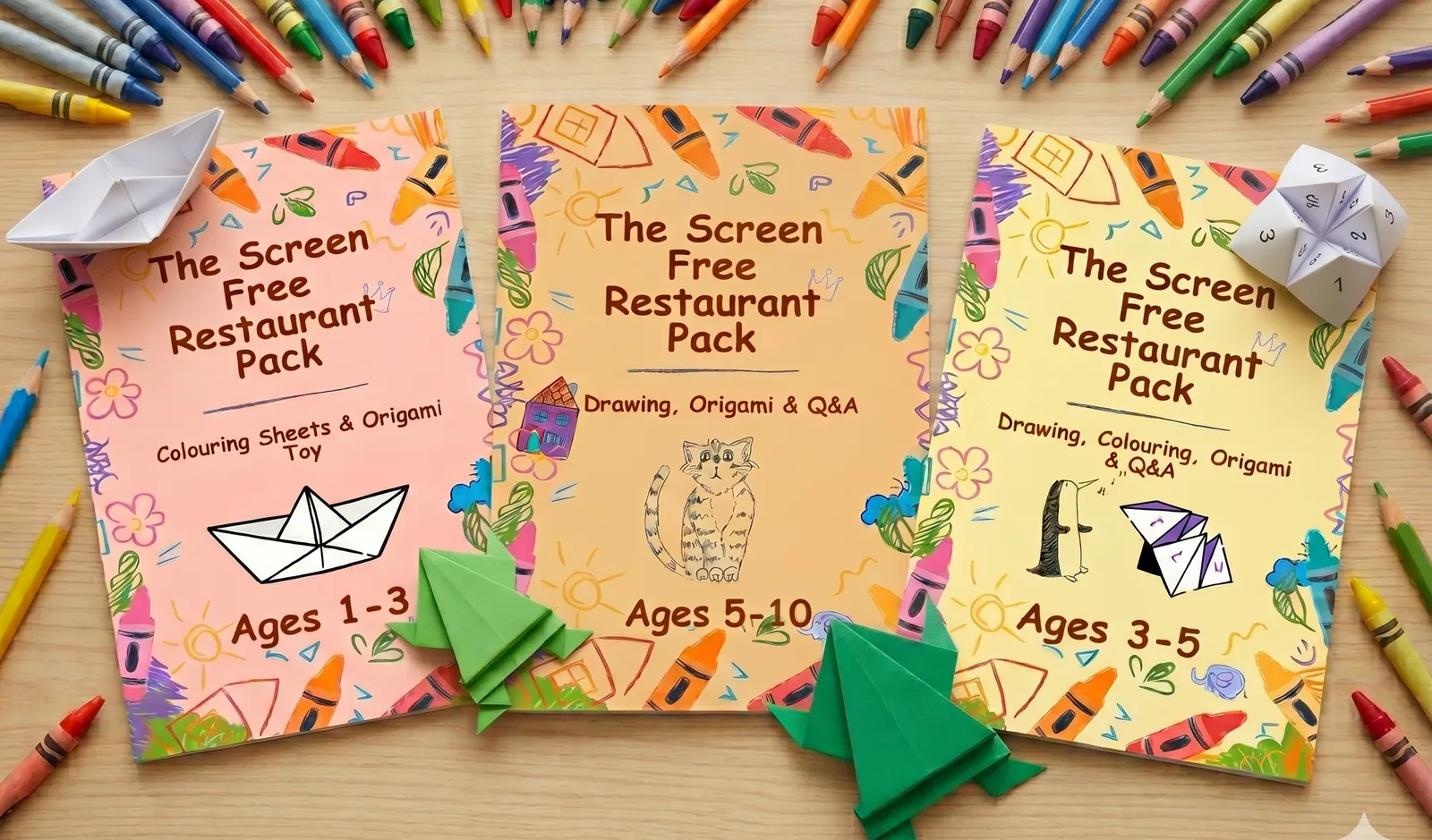 Three Family Friendly UK Restaurant Activity Packs spread across a table — colouring, drawing and origami pages for kids.